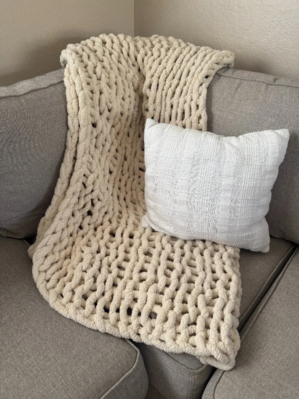Handmade Cream Chunky Knit Throw Blanket Ivory Chenille Open Weave Cozy Decor
